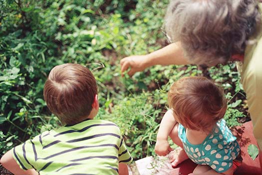 Grandmother showing young kids plants from the garden.